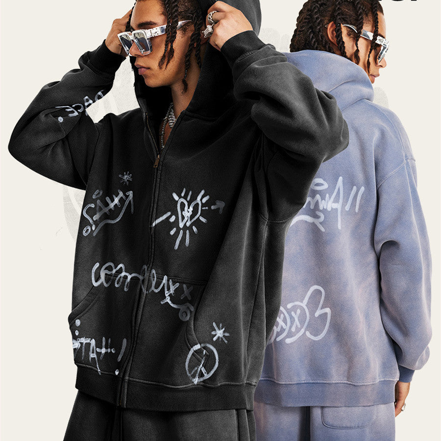 Retro High-grade Graffiti Long-sleeved Knitted Cardigan hooded sweater
