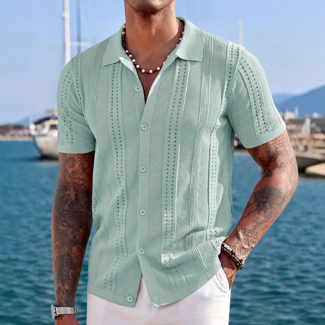 Knitted Cardigan Solid Color Breathable Men's Short-sleeved Shirt