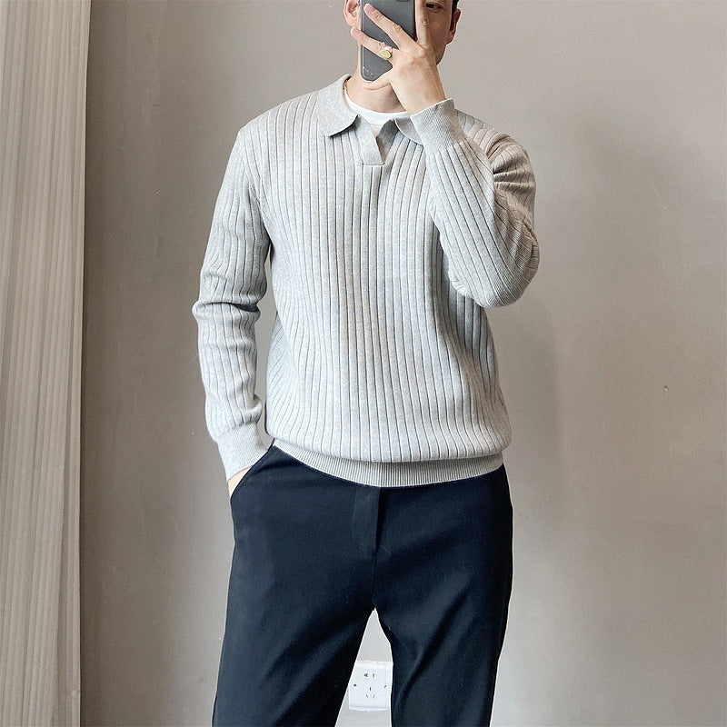 Lightly Mature Spring And Autumn Stripes Lapel Loose Elastic Knitted Sweater