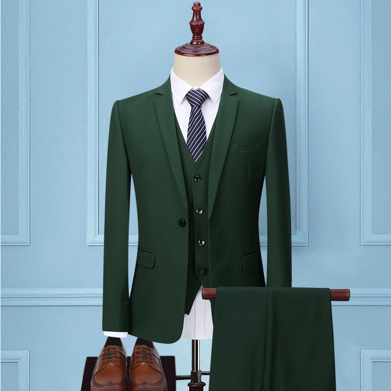 Dark Green Suit Men's Three-piece Korean Slim Suit Business