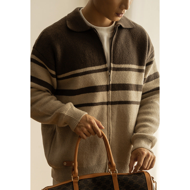 Young Contrast Color Striped Lapel Sweater Men