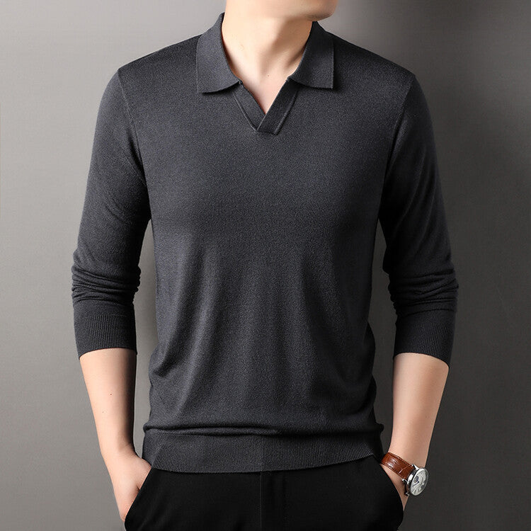 Spring And Autumn Long Sleeve Worsted Thin Lapels T-shirt Sweater