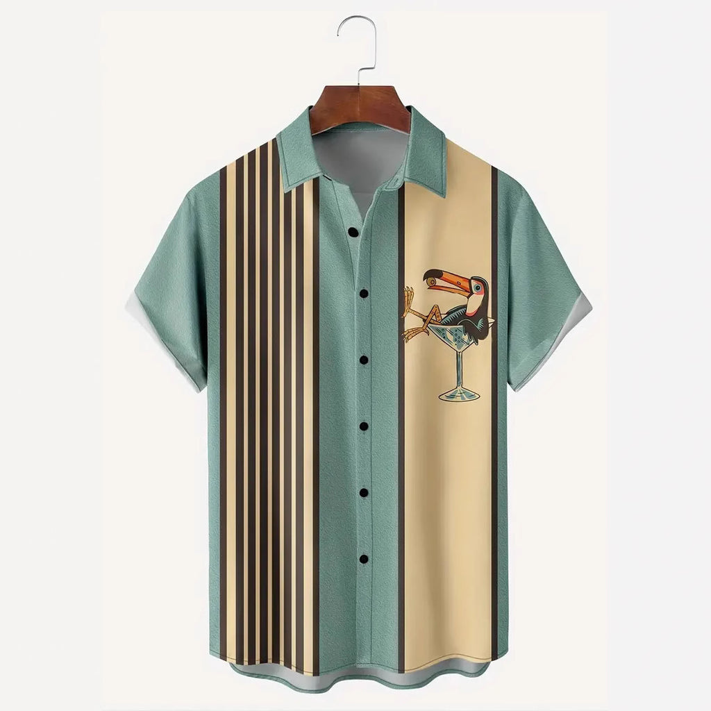Striped Pattern Buckle Short Sleeve shirt Men
