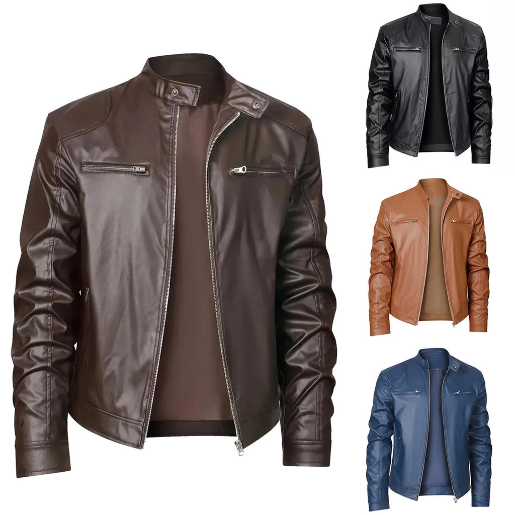 Men's Stand-up Collar Slim Fit Leather Zipper jacket