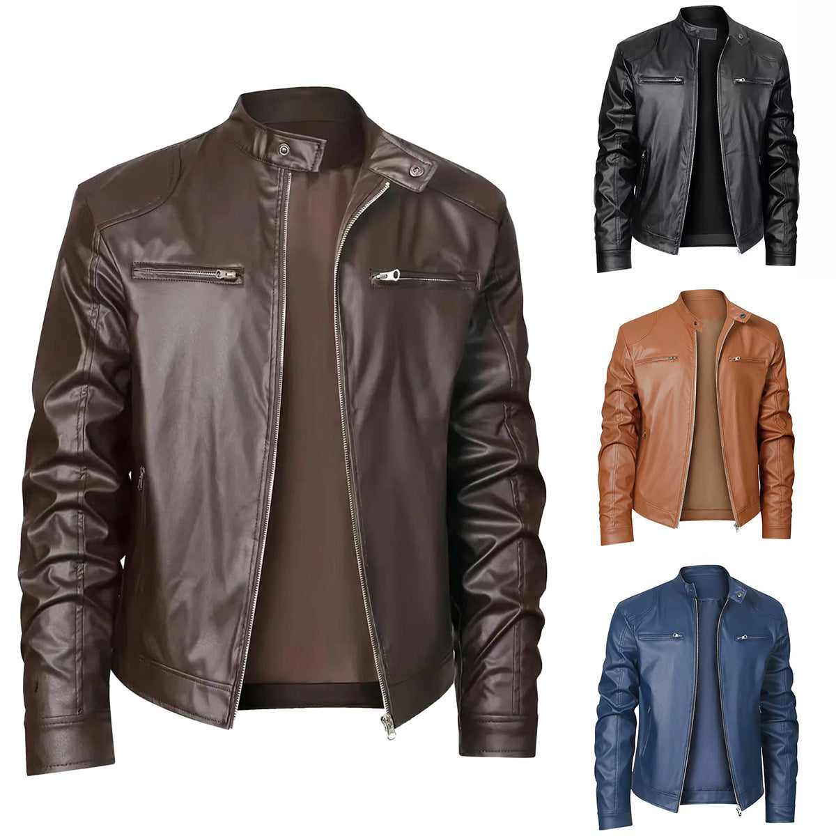 Men's Stand-up Collar Slim Fit Leather Zipper jacket