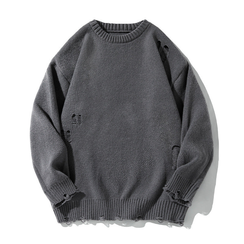Retro Hollow-out Ripped Design Round Neck Sweater