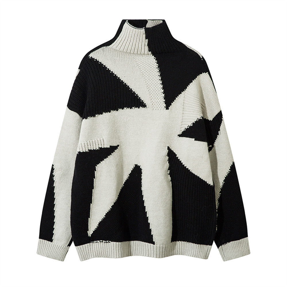 Patchwork Contrast Color Irregular Turtleneck Sweater
