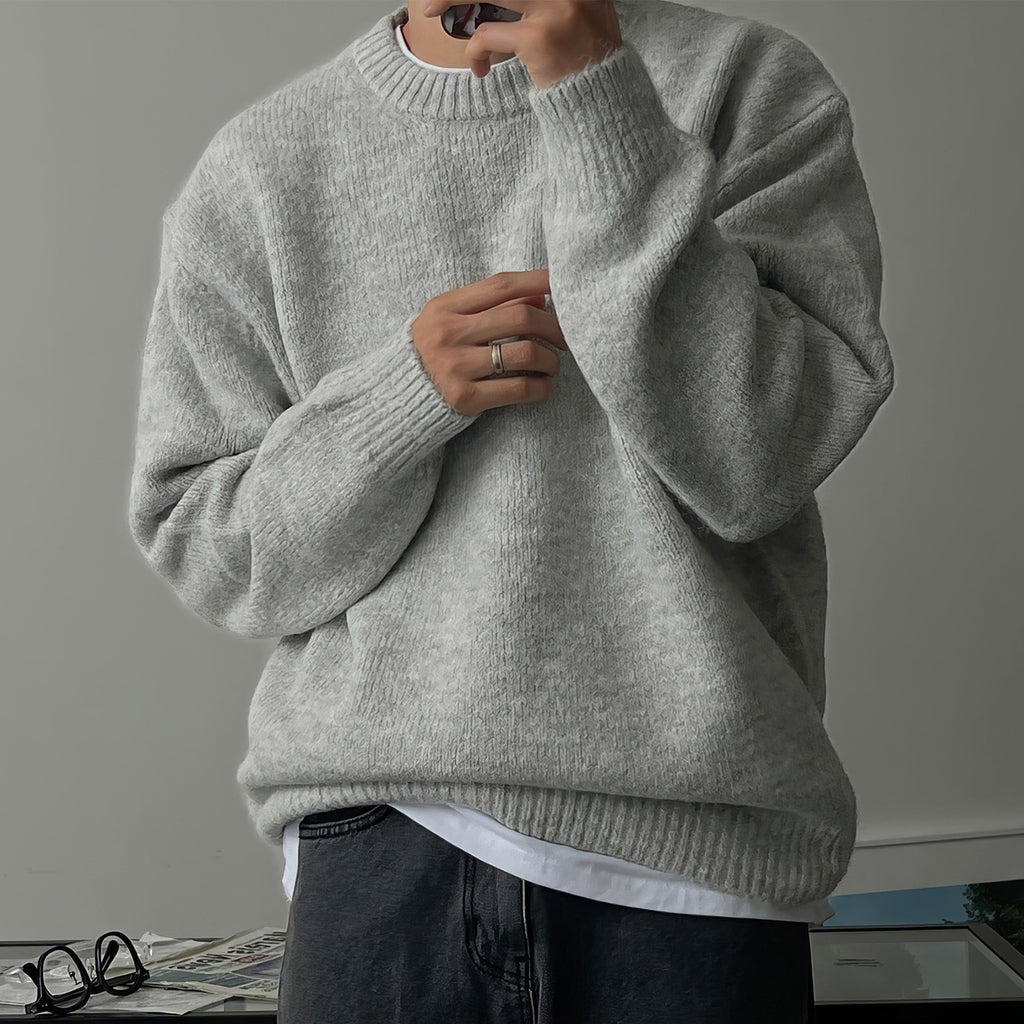 Solid Color Drop-shoulder Round Neck Sweater Men