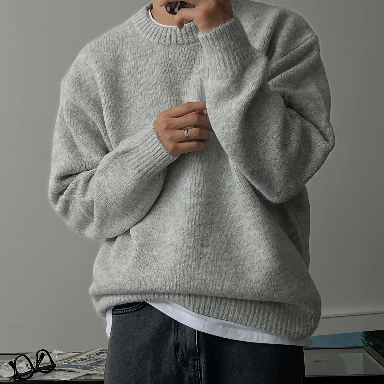 Solid Color Drop-shoulder Round Neck Sweater Men