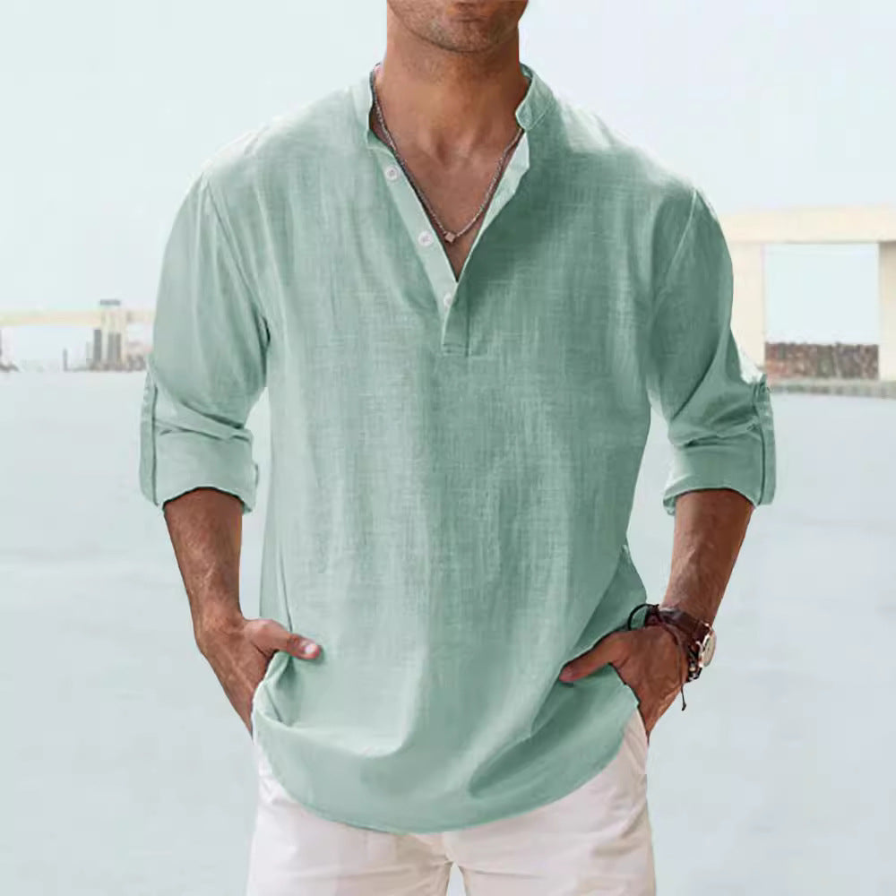 Men's Linen Stand-up Collar Long Sleeve shirt