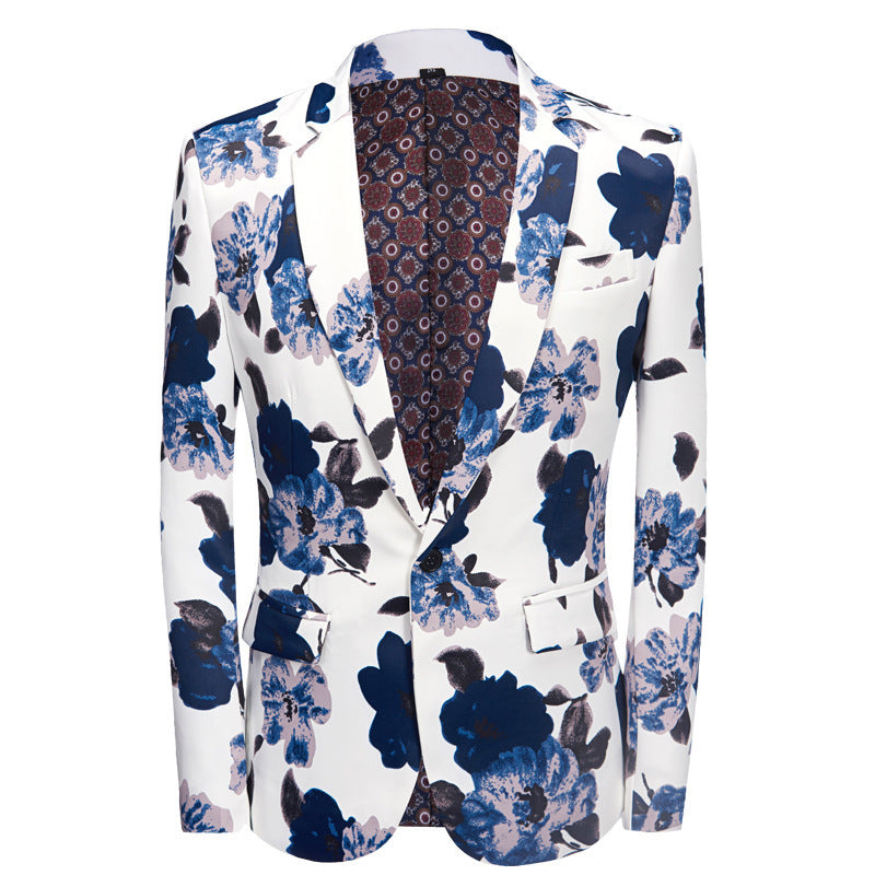 Printed Men's Suit Set Blue Flower Performing Costumes