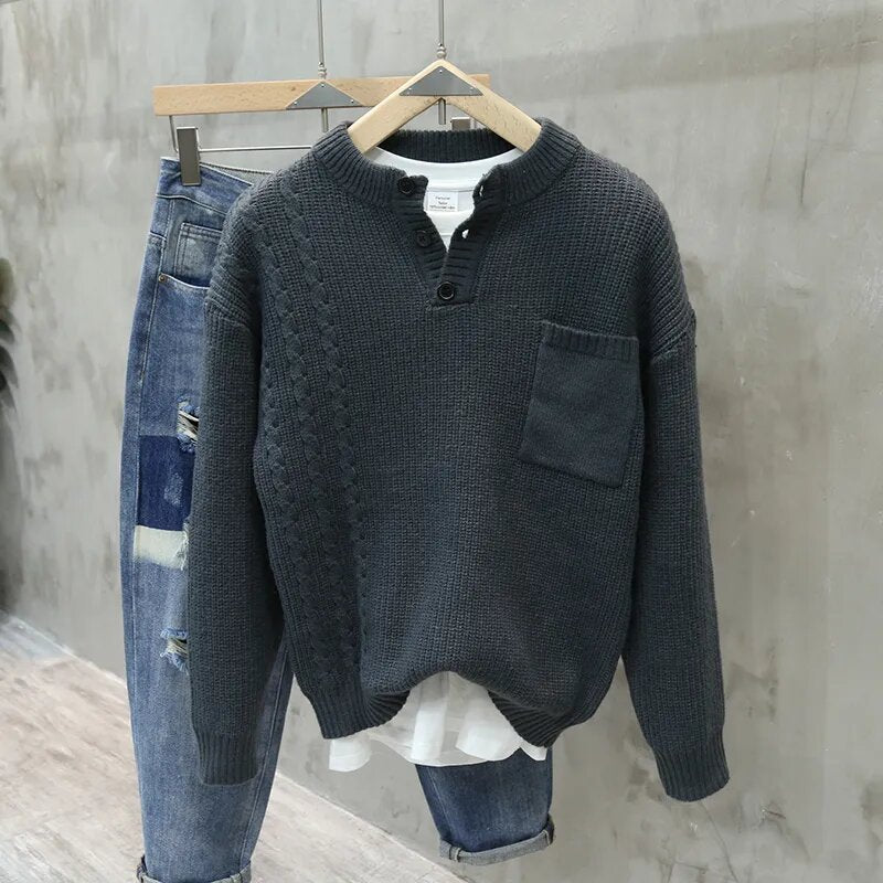 Retro Pullover Men Loose Pockets All-match Casual Sweater