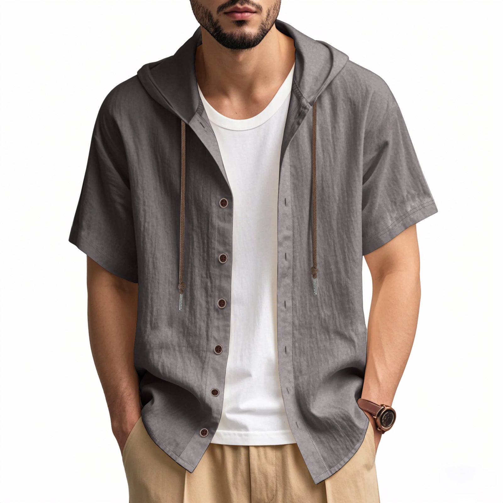 Loose Hooded Short-sleeved Shirt For Men