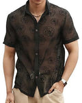 Men's Rose Flower Mesh See-through Button Short Sleeve shirt