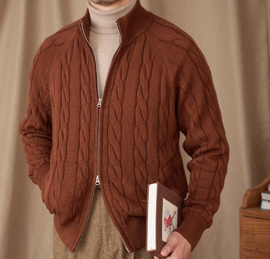 Pure Cotton Knitted British Thickened Twisted Double Zipper Cardigan