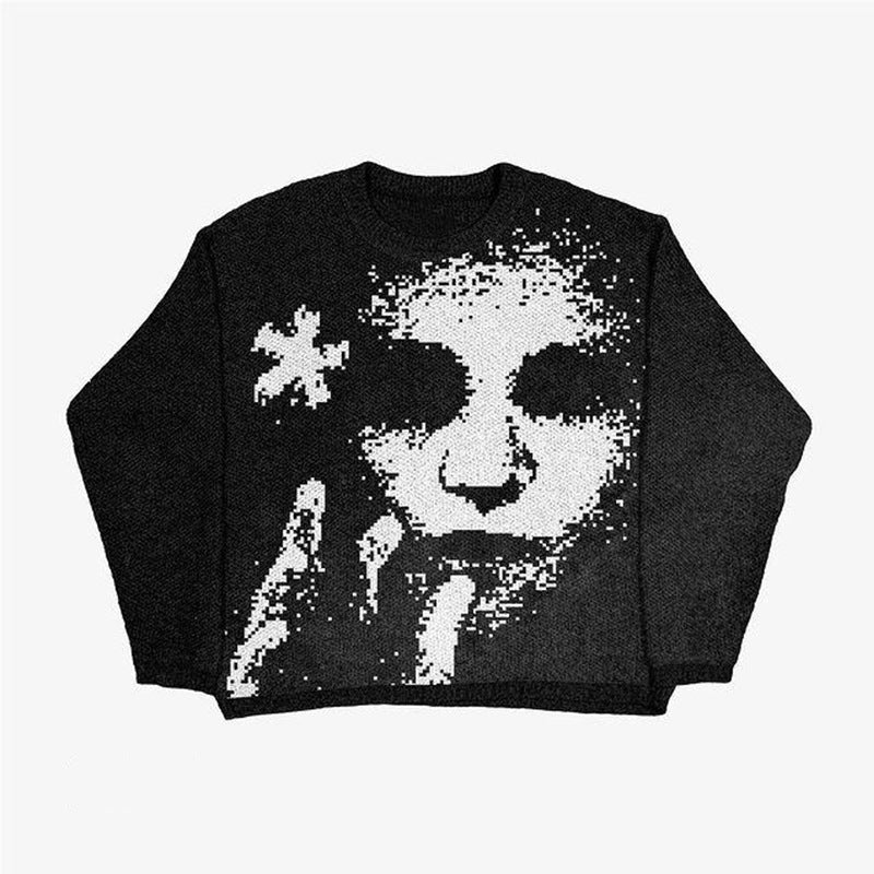 Jacquard Round Neck Loose Couple Dark Pullover Sweater