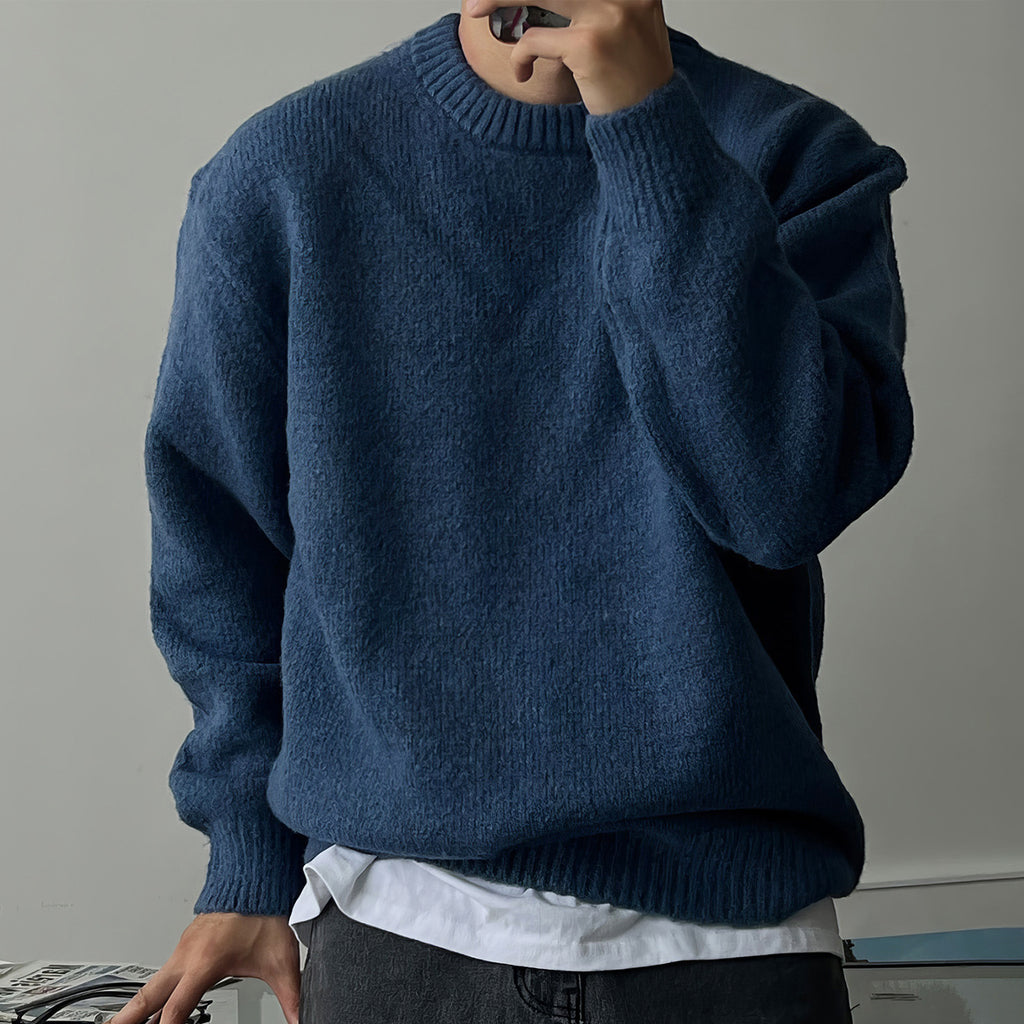 Solid Color Drop-shoulder Round Neck Sweater Men
