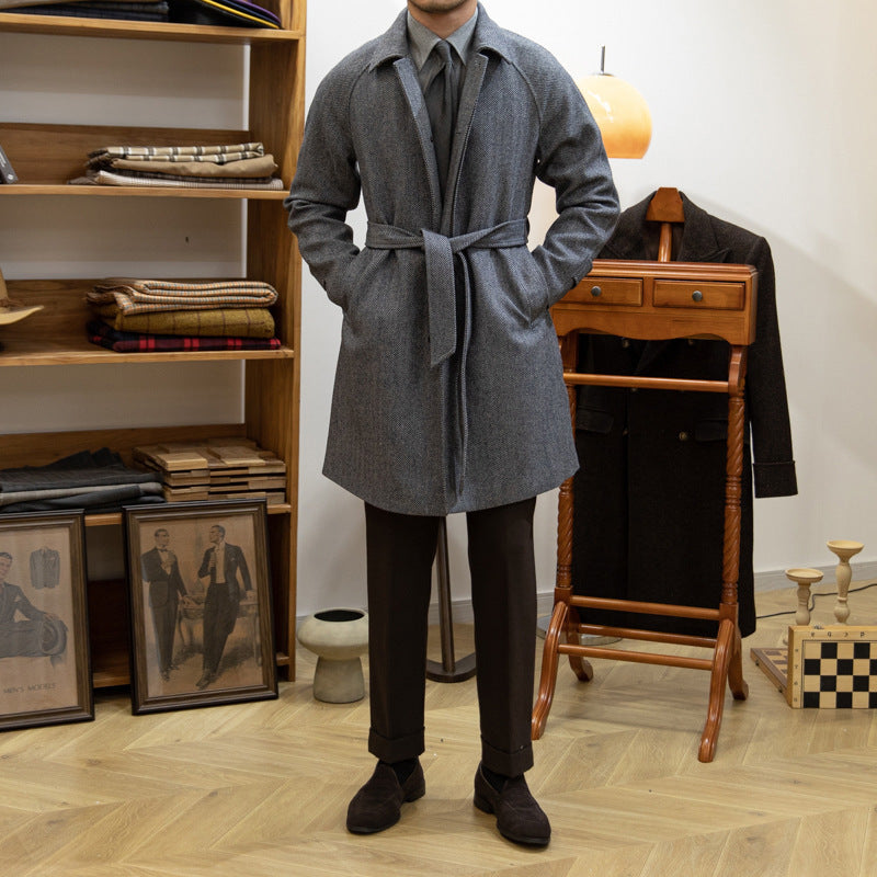 Japanese Leisure Mid-length Herringbone Wool Slim Fit trench Coat