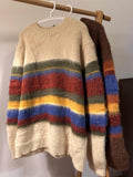 Retro Loose Striped Contrast Color Design Round Neck Sweater