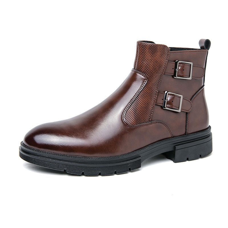 High-top British Double Buckle Slip-on Leather Boots