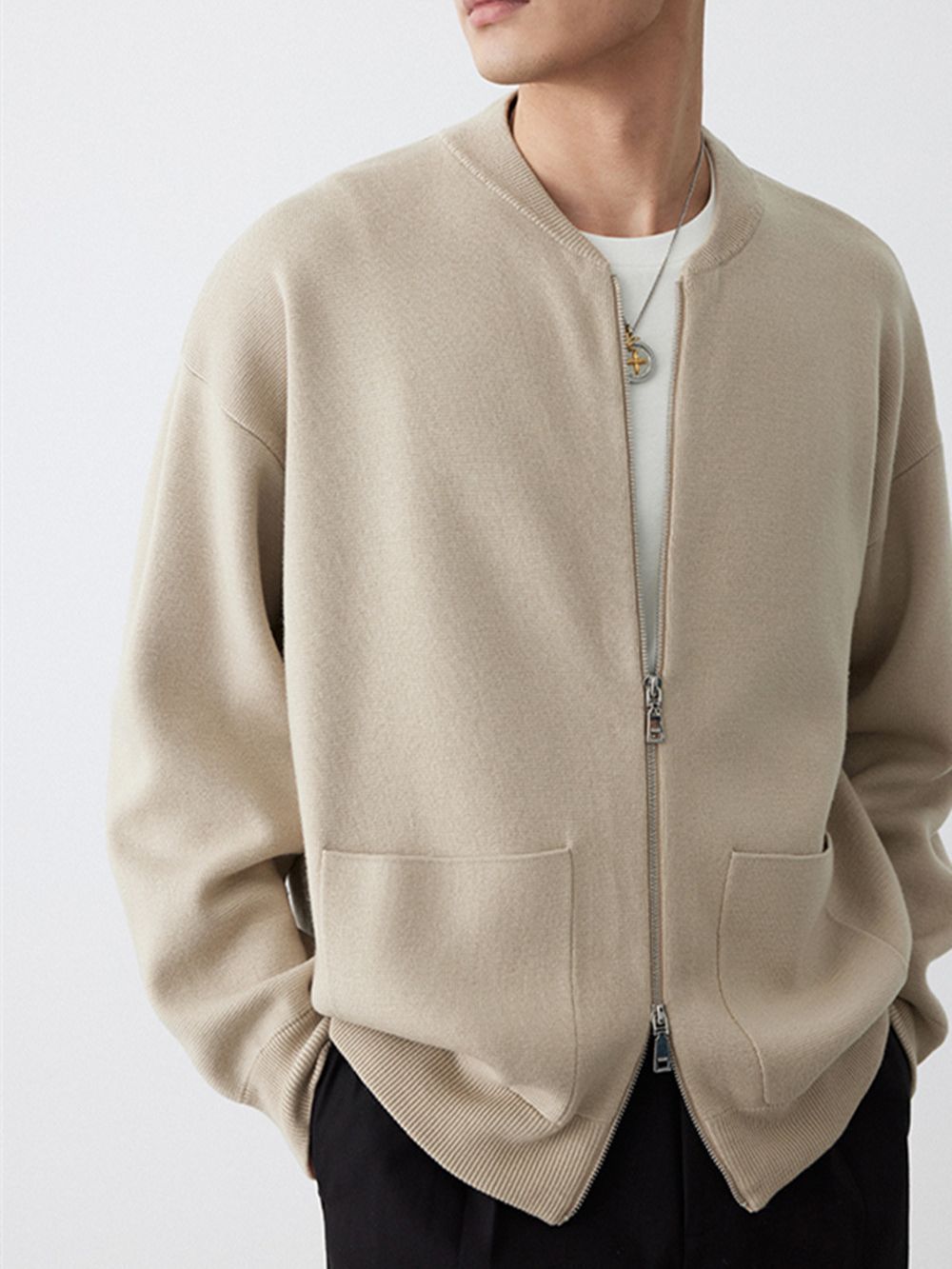 Heavy Two-way Zipper Knitted Cardigan Baseball Collar Sweater