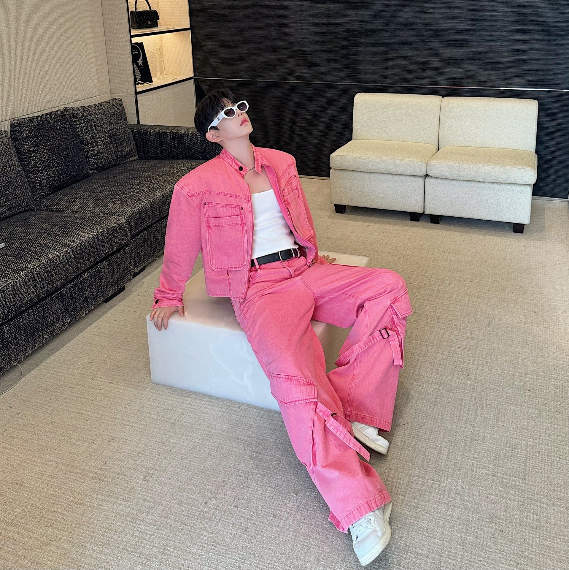 Retro Washed Old Cowboy Special Jacket Wide Leg Pants Suit