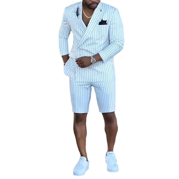 British Style Casual Black Striped Men's Shorts Suit