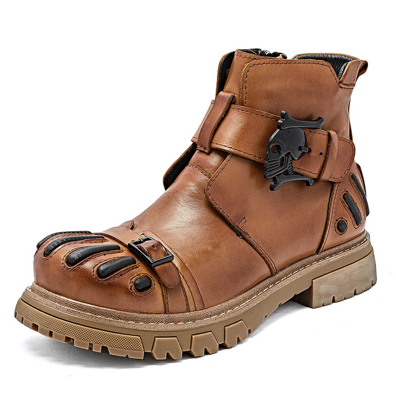 Men Punk Rock Tooling Machinery Car Boots Lace-up Big Head Leather Shoes