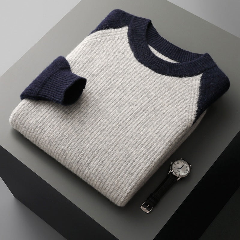 Men's Color-block Crew Neck Ingot Needle Thickened Knitting Wool Base sweater