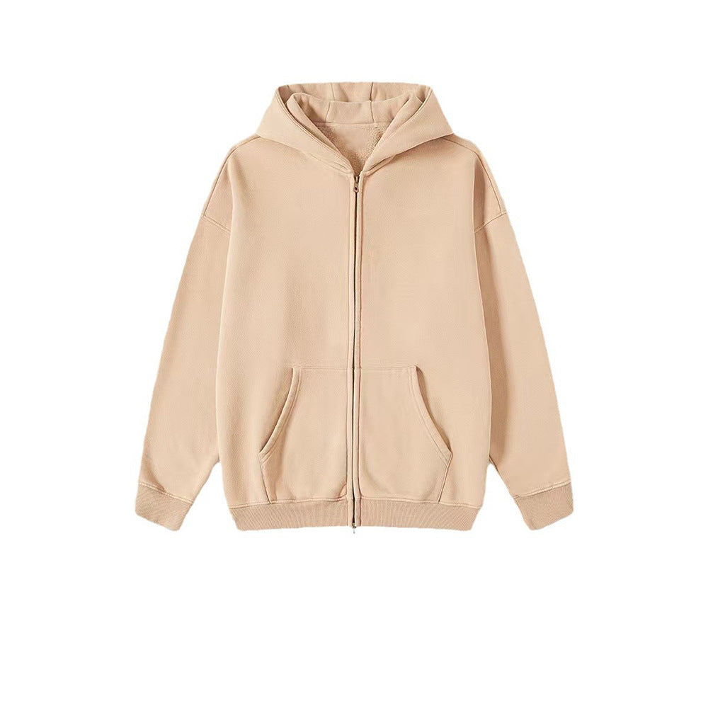 Washed Hooded Cardigan Vintage Fleece-lined Double Zipper Sweater