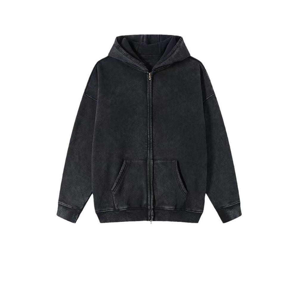 Washed Hooded Cardigan Vintage Fleece-lined Double Zipper Sweater