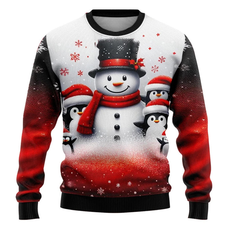 Christmas Snowman Elderly Printed Holiday Party Round Neck Sweater