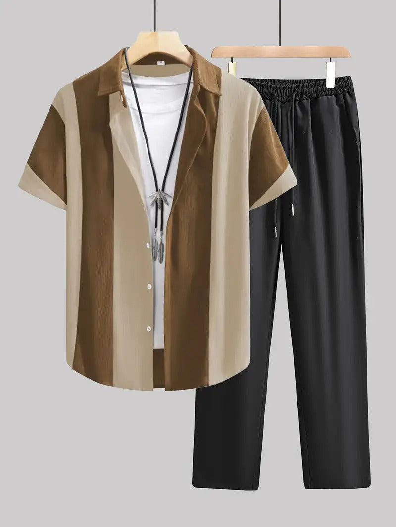 Casual Striped Short Sleeve Shirt Trousers Suit