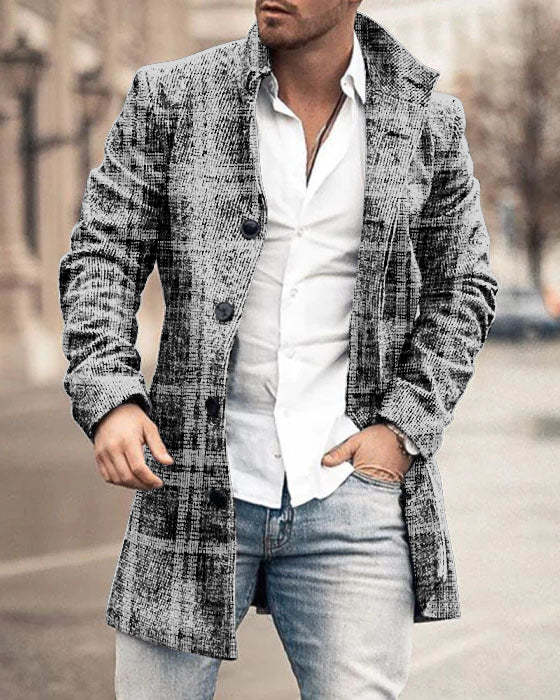Men's Woolen Stand Collar Medium Long Pocket Casual Coat