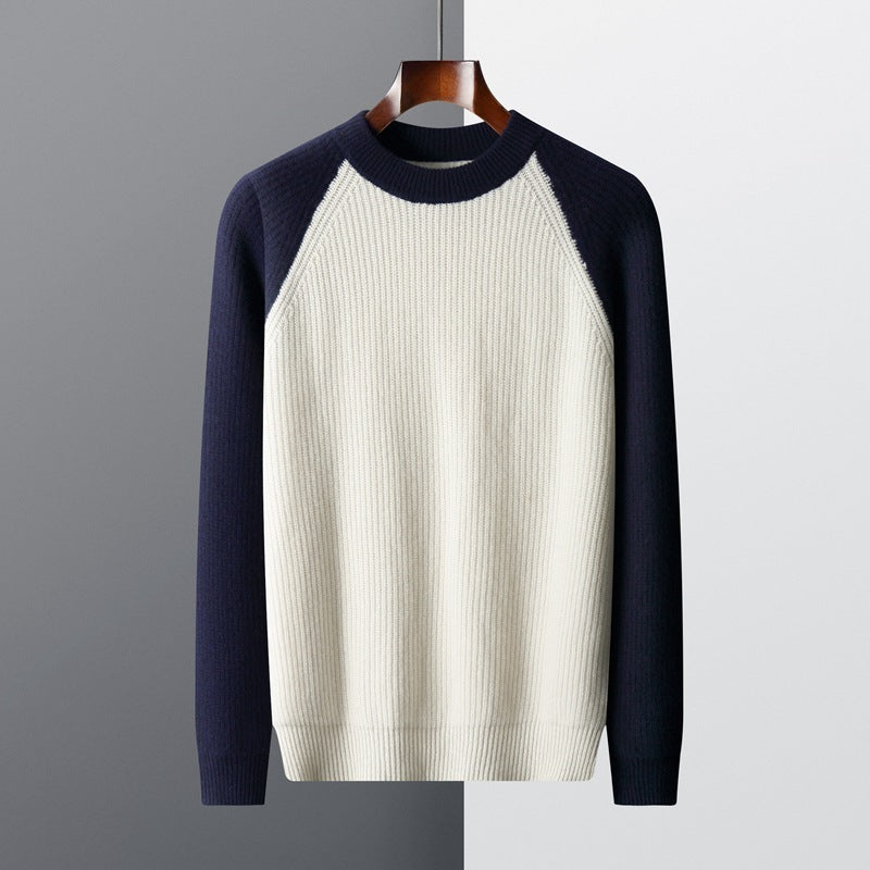 Men's Color-block Crew Neck Ingot Needle Thickened Knitting Wool Base sweater