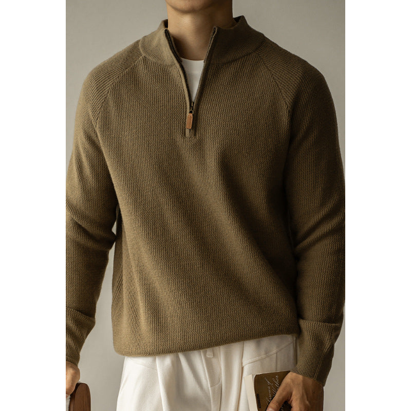 Washable Wool Men's Warm Half Turtleneck Zipper Sweater