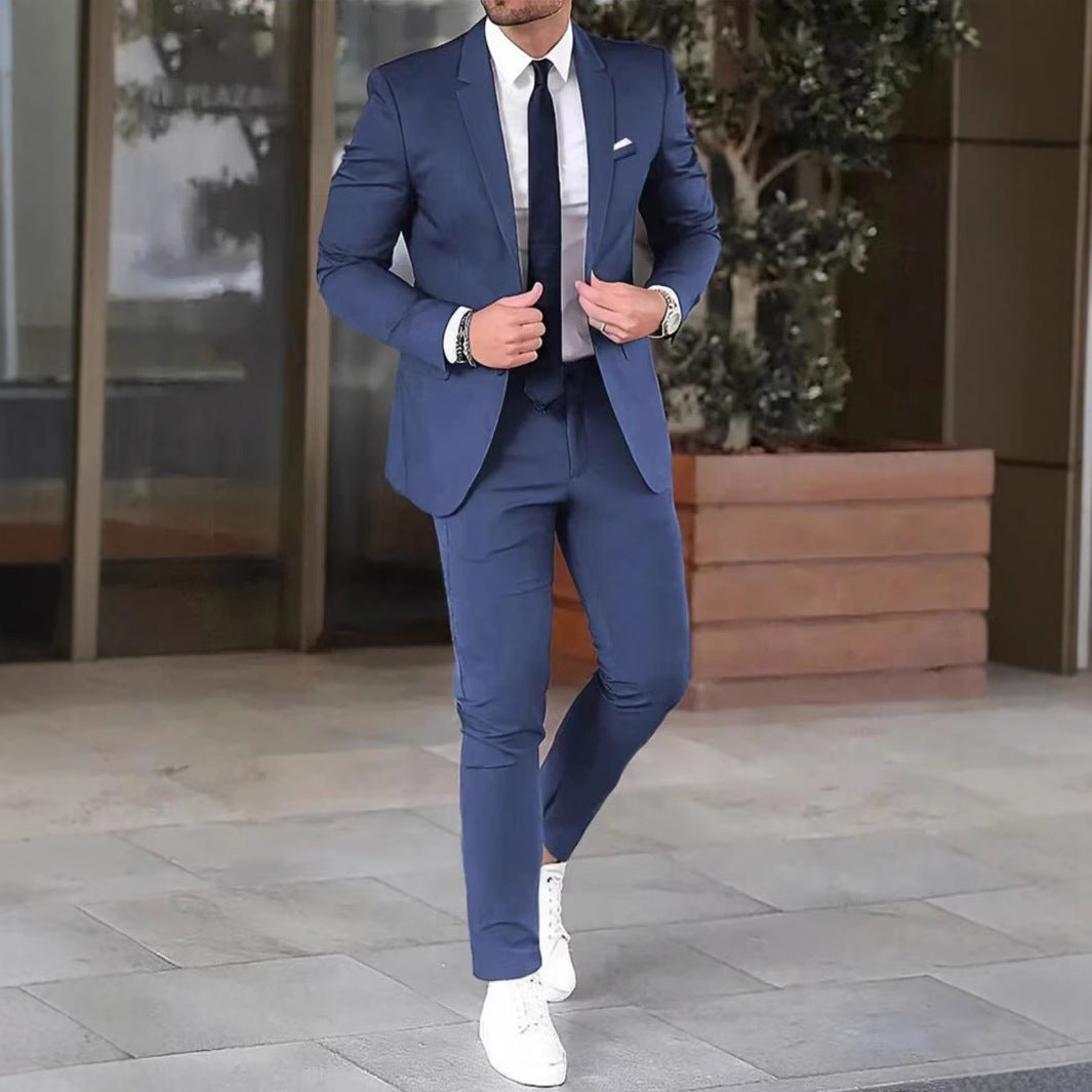 Two-piece Solid Color Slim-fit Coat Suit Pants
