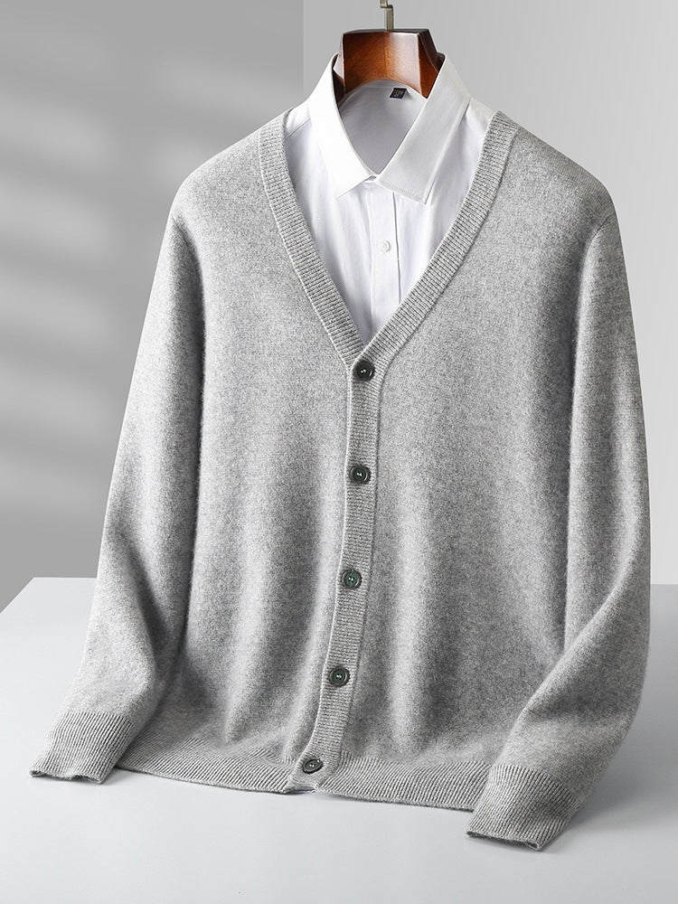 Pure Wool Cardigan Men's V-neck Solid Color Long Sleeve sweater