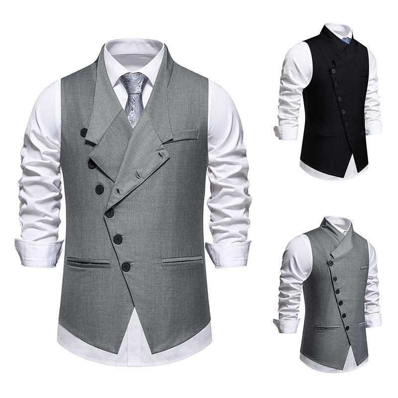 Solid Color European Size Oblique Placket Single-breasted Men's Suit Vest