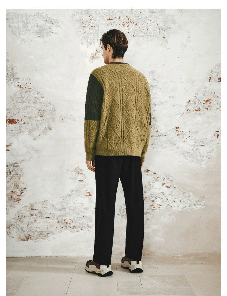 Men's Retro Casual Contrast Color Patchwork Round Neck Knitwear