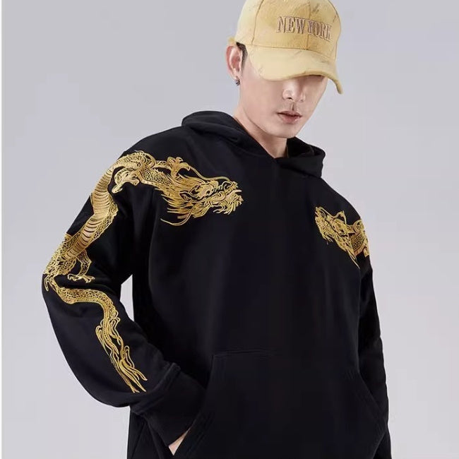 Men's Pure Cotton Golden Dragon Embroidery Loose Hooded Coat