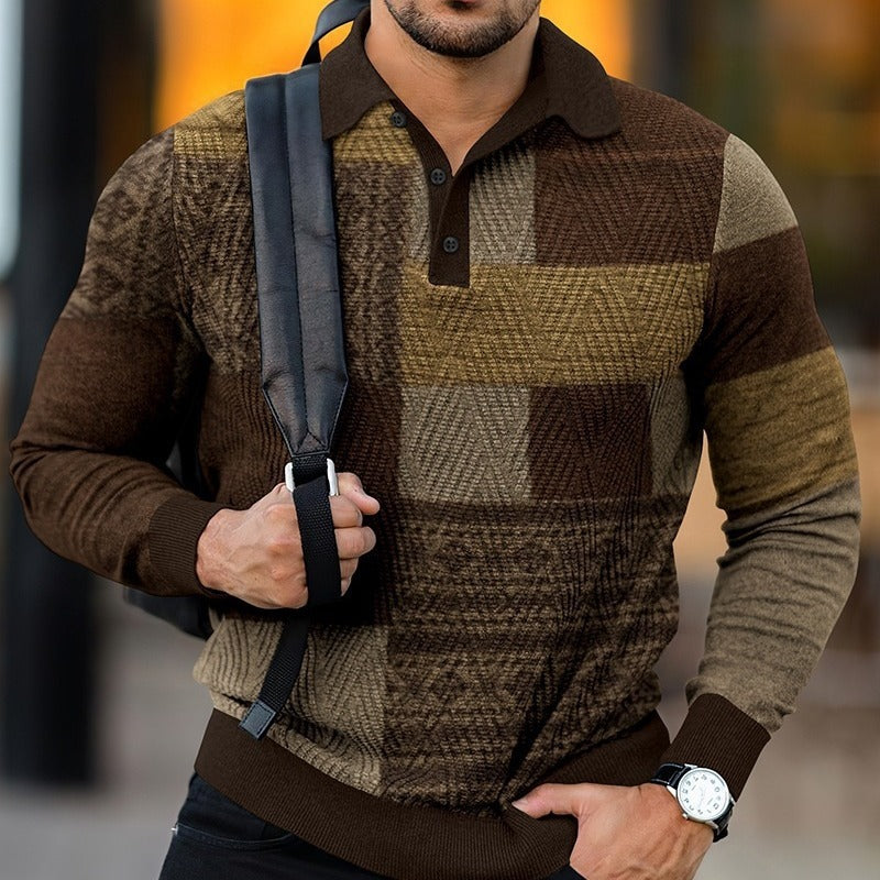 Men's Digital Printing Lapel Button Casual sweater