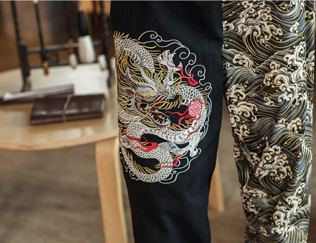 Embroidered Silver Dragon Casual Versatile Trousers