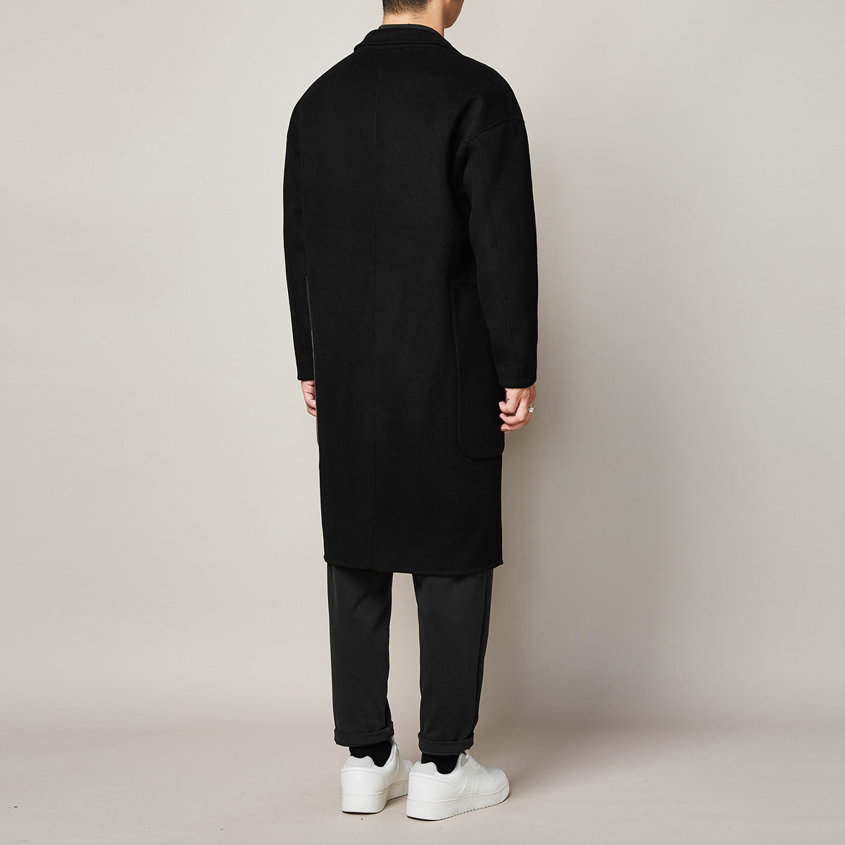 Men's Color Contrast Stitching Long Woolen Coat