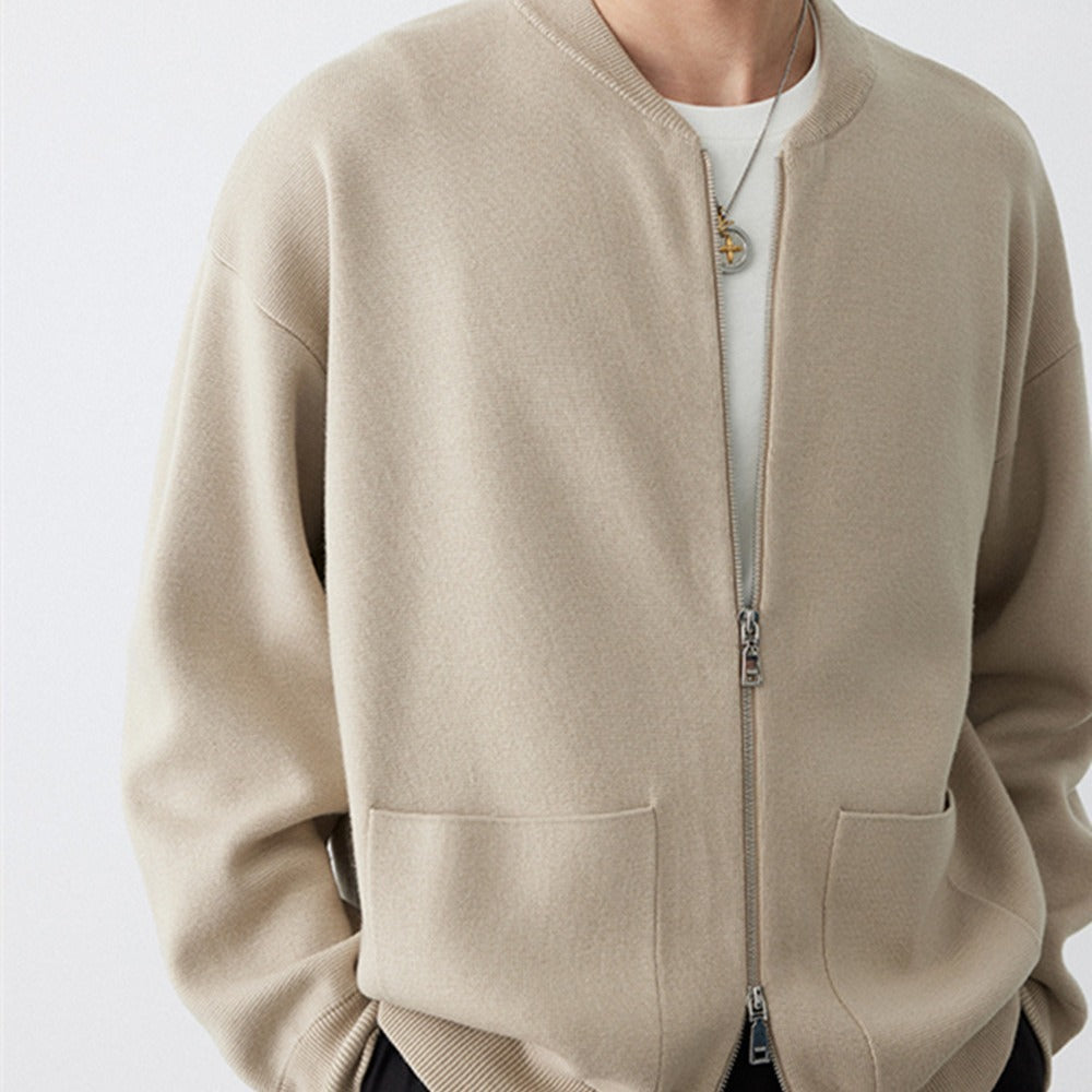 Heavy Two-way Zipper Knitted Cardigan Baseball Collar Sweater