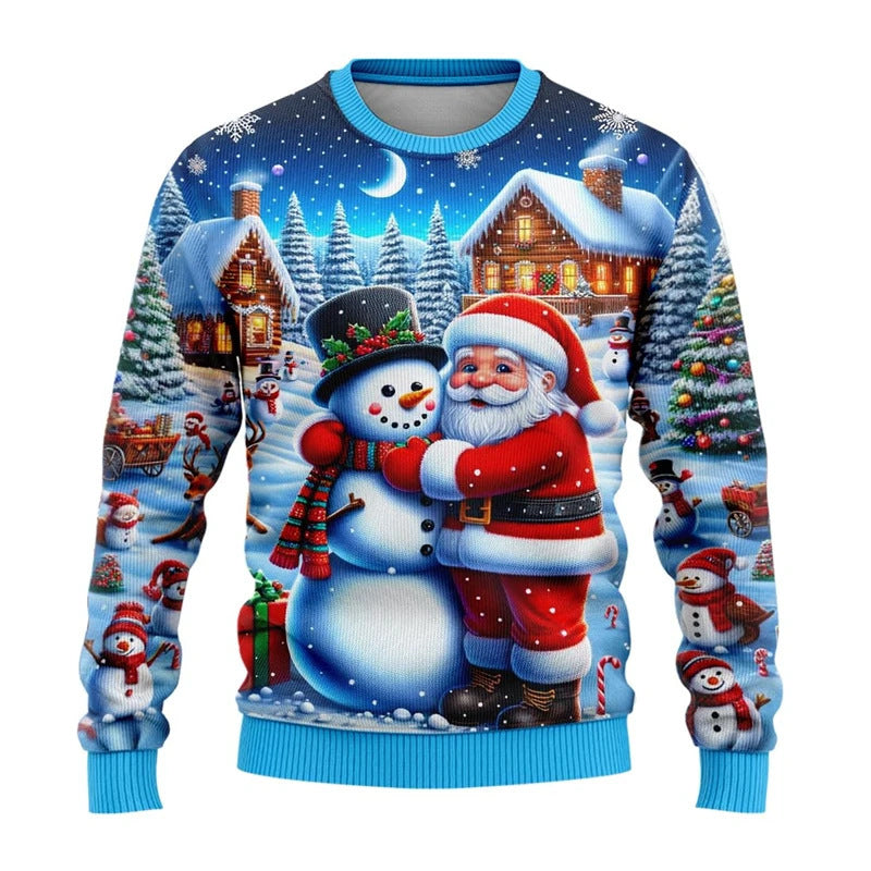 Christmas Snowman Elderly Printed Holiday Party Round Neck Sweater