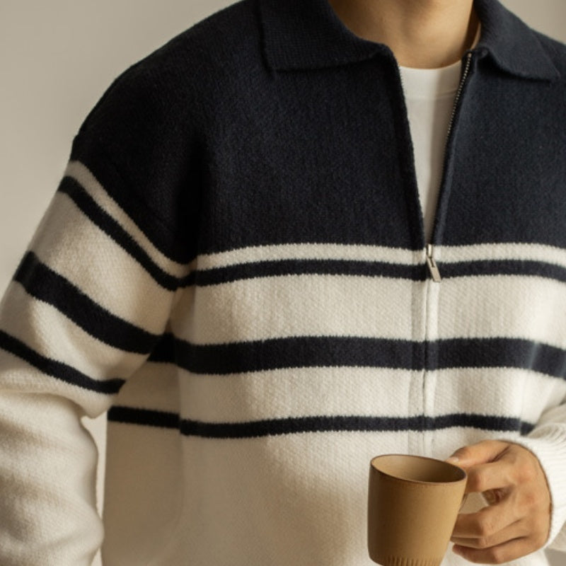 Young Contrast Color Striped Lapel Sweater Men