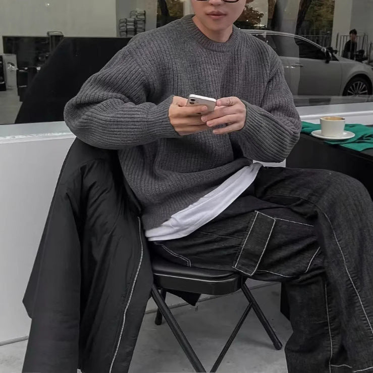 Men's Long Sleeve British Round Neck Pullover Knitted Sweater