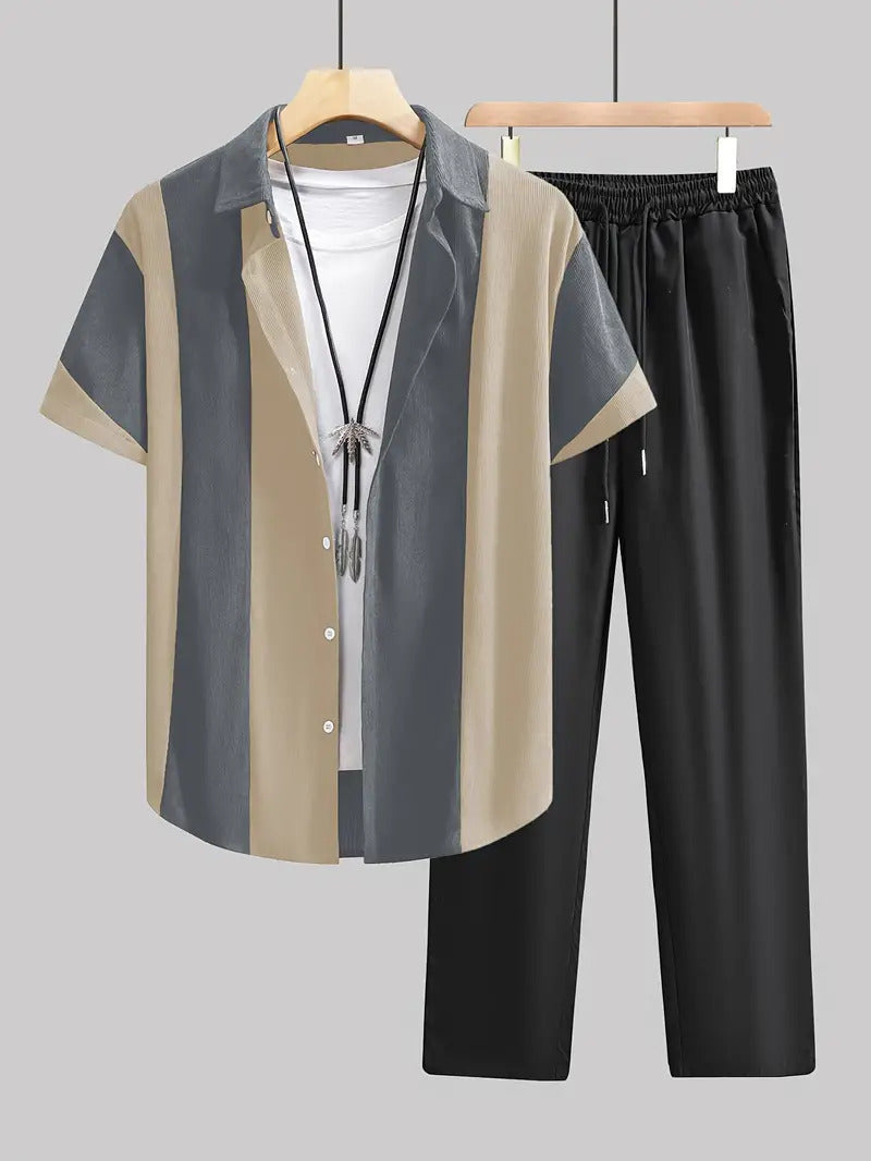Casual Striped Short Sleeve Shirt Trousers Suit