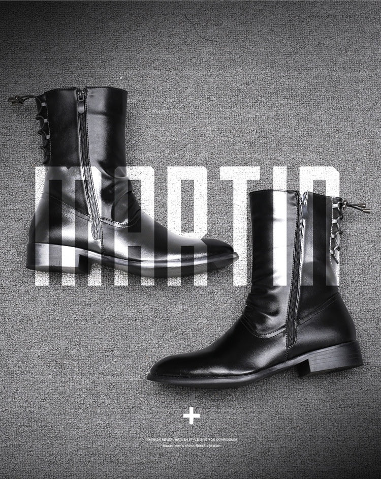 Pointed Leather Boots Men's British Korean High-top Leather Mid-calf Length boots